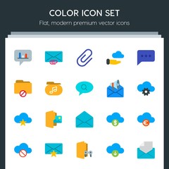 Modern Simple Set of cloud and networking, chat and messenger, folder, email Vector flat Icons. Contains such Icons as music, abstract, sms and more on dark background. Fully Editable. Pixel Perfect