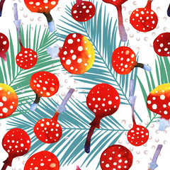 watercolor mushroom, amanita and palm leaf hand painted, isolated on white background, seamless pattern
