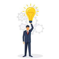 Businessman holding idea. Lightbulb in hand human. Business idea concept, solution innovative technology. Vector illustration flat style design. Isolated on white background.