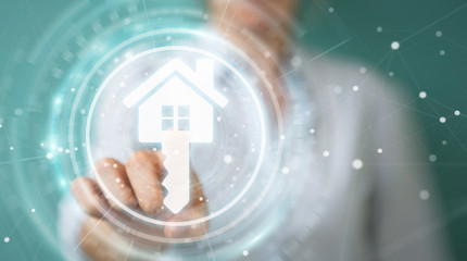 Businesswoman using real estate digital interface 3D rendering