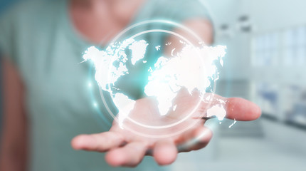 Businesswoman using digital world map interface 3D rendering