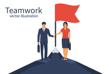 Business teamwork concept. Businessman and businesswoman keep the victorious flag on top of the mountain. Vector illustration flat style design. Working together, cooperation, partnership. 