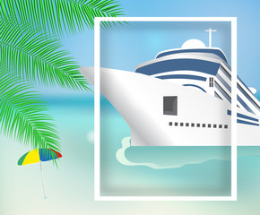 Poster or banner template Transatlantic liner ship and beach. Cruise ship. Vector