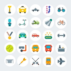 Modern Simple Set of transports, hotel, sports Vector flat Icons. Contains such Icons as  airplane, bus,  dartboard,  underground and more on white cricle background. Fully Editable. Pixel Perfect.