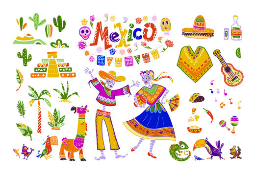 Big vector set of mexico elements, skeleton characters, animals in flat hand drawn style isolated on white background. Icons for fiesta, celebration, national pattern, decoration, traditional food.