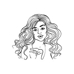 Young woman sends air kiss isolated on white background - hand drawn beautiful girl holding palm up and showing kissing facial expression. Colorful vector illustration in sketch style.
