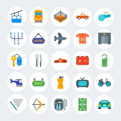 Modern Simple Set of transports, hotel, sports Vector flat Icons. Contains such Icons as  pool, subway,  sport,  sky,  feather, bike and more on white cricle background. Fully Editable. Pixel Perfect.