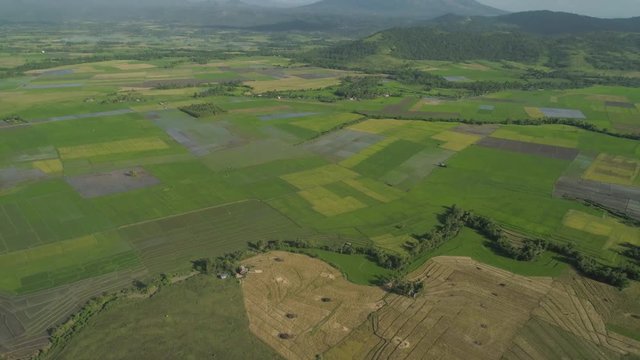 Mountain valley with farmland, rice terraces near mount Iriga. Aerial view mount with green tropical rainforest, trees, jungle with sky. Philippines, Luzon. Tropical landscape