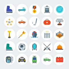 Modern Simple Set of transports, hotel, sports Vector flat Icons. Contains such Icons as  police,  skating,  dart,  emergency, speed and more on white cricle background. Fully Editable. Pixel Perfect.