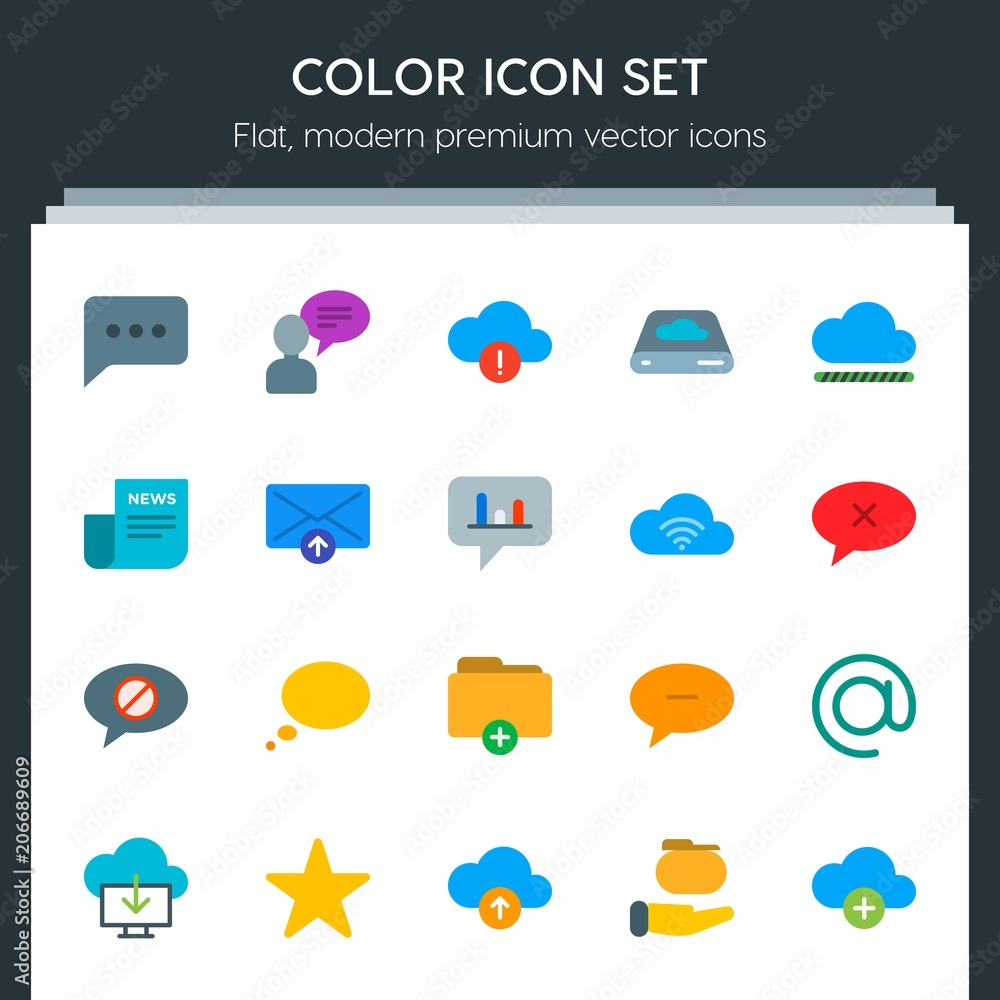 Poster modern simple set of cloud and networking, chat and messenger, folder, email vector flat icons. cont