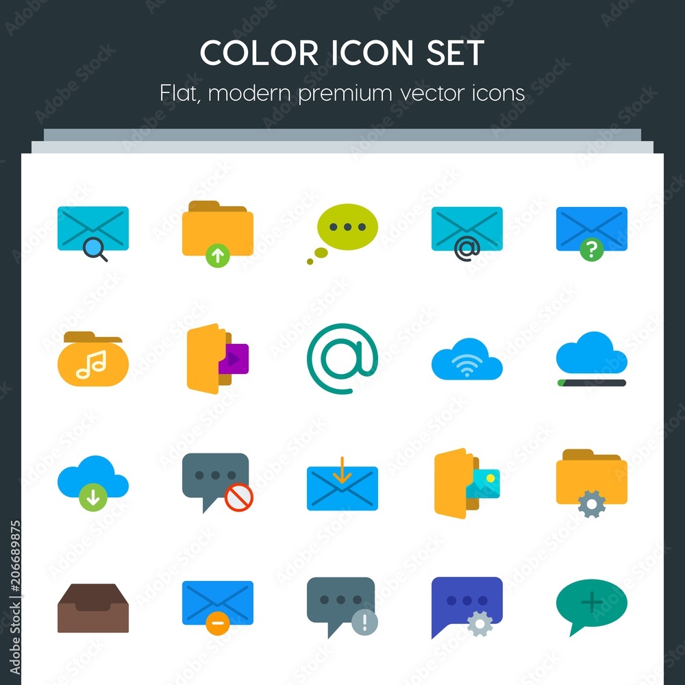 Poster modern simple set of cloud and networking, chat and messenger, folder, email vector flat icons. cont