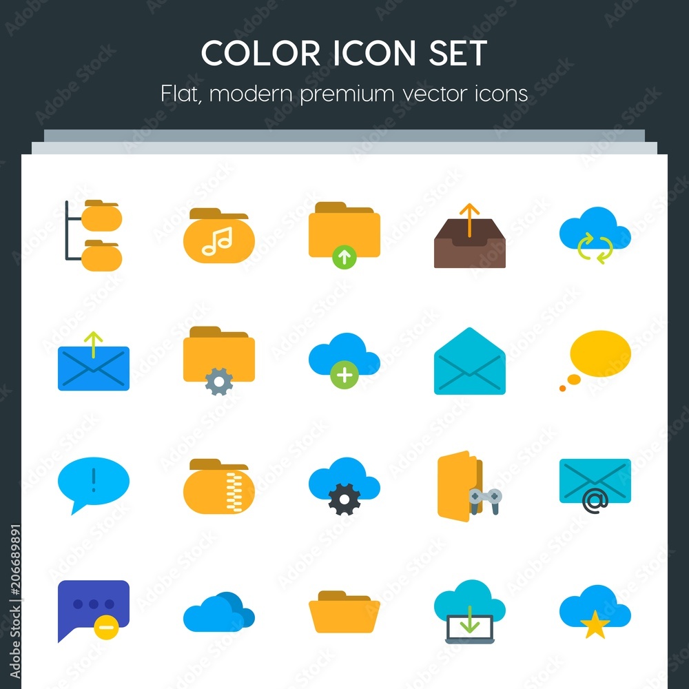 Poster modern simple set of cloud and networking, chat and messenger, folder, email vector flat icons. cont