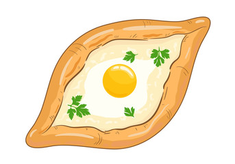 Traditional ajarian and georgian dish - khachapuri. Freshly baked flat bread filled with cheese and egg, leaves of parsley on top, isolated on white background. Vector hand drawn illustration.