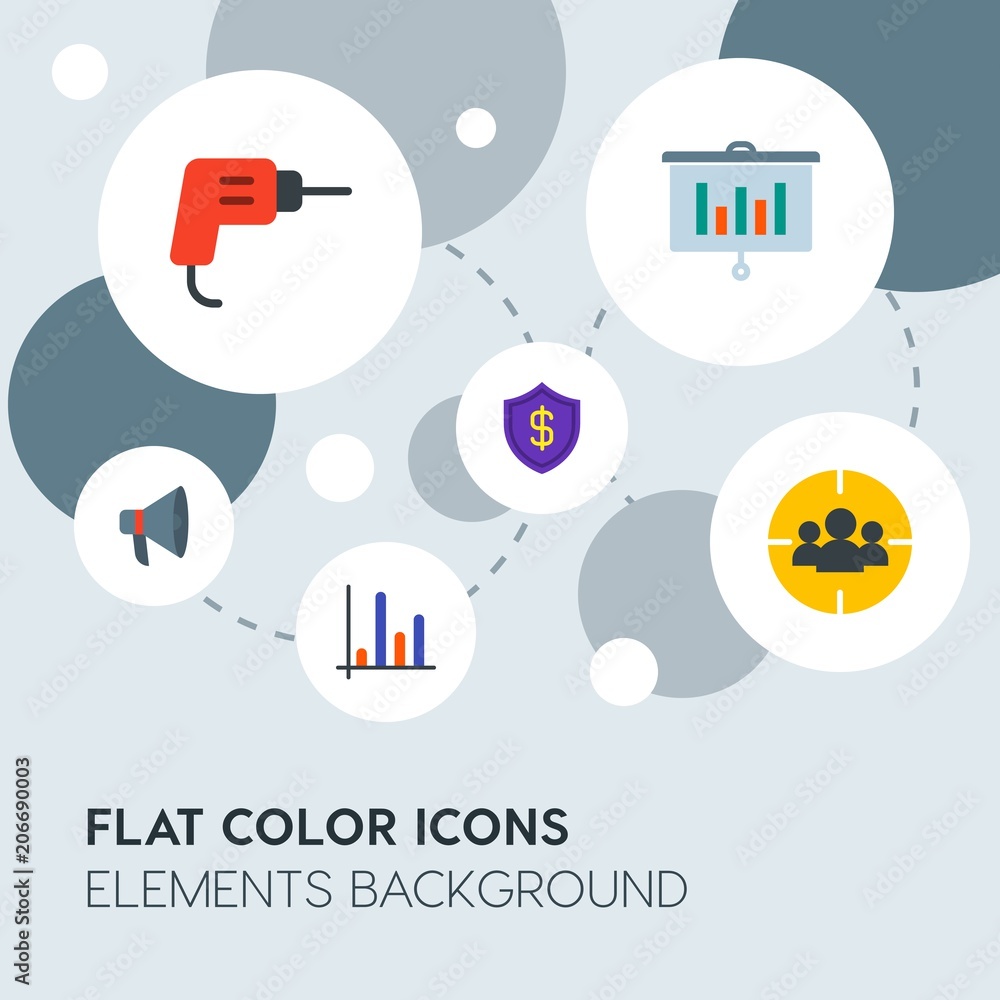 Aufkleber business, industry, charts flat vector icons and elements background with circle bubbles networks.mu
