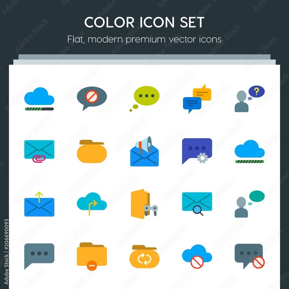 Poster modern simple set of cloud and networking, chat and messenger, folder, email vector flat icons. cont