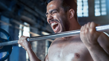 Muscular Shirtless Man Lifting Heavy Barbell with Effort, Doing Biceps Curls/ Bodybuilding Exercise...