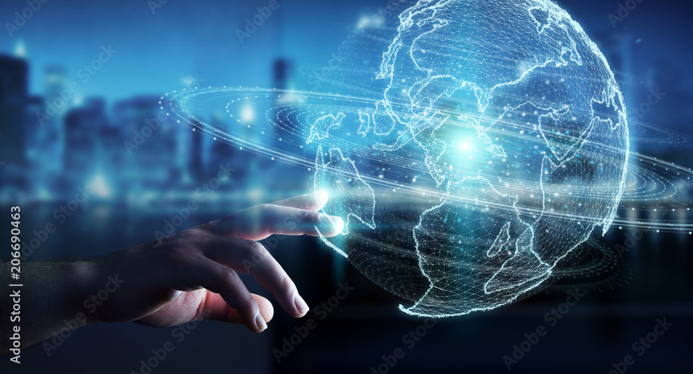 Poster businessman using globe network hologram with america usa map 3d rendering