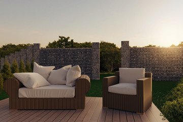 3d rendering of rattan garden furniture on wooden patio at garden in the evening sunshine