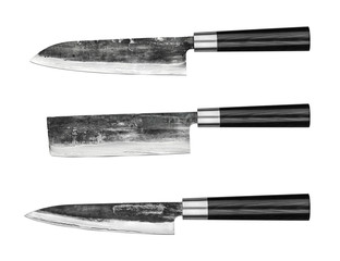 Set of Japanese steel kitchen knives damascus, isolated on white background. Chef knife