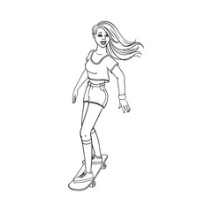 Pretty young woman in denim shorts, summer clothing riding skate board smiling. Beautiful female character, girl skateboarding at vacation. Vector sketch monochrome illustration isolated