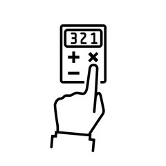 Calculation concept, flat icon, black line minimal design. Hand with a calculator. Businessman, accountant. Vector Illustration. Isolated on white background.