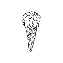 Waffle cone ice cream sketch icon. Refreshing tasty sweet food, dessert with vanilla and strawberry cream. Summer holiday poster, banner design element. Isolated monochrome vector illustration