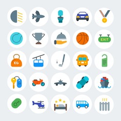 Modern Simple Set of transports, hotel, sports Vector flat Icons. Contains such Icons as  heater, train,  vessel,  sign,  front, air and more on white cricle background. Fully Editable. Pixel Perfect.