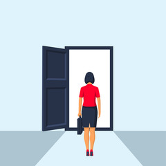 Businesswoman walking to opened door. Standing before the opening. Vector illustration flat design. Isolated on background. Business concept. Creative people.