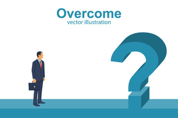 Obstacle concept. Hurdle on way. Business risk. Way to success. Vector illustration flat design. Barrier on way to success. Businessman standing faces a big question mark, overcome the obstacle.