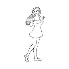 Pretty young woman in yellow dress holding waffle cone icecream smiling. Beautiful female character, girl eating sweet desert at vacation. Vector sketch monochrome illustration isolated