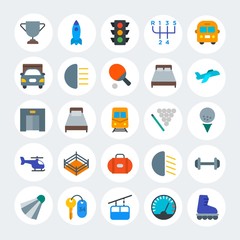 Modern Simple Set of transports, hotel, sports Vector flat Icons. Contains such Icons as  auto,  light,  comfortable,  sky, speed and more on white cricle background. Fully Editable. Pixel Perfect.