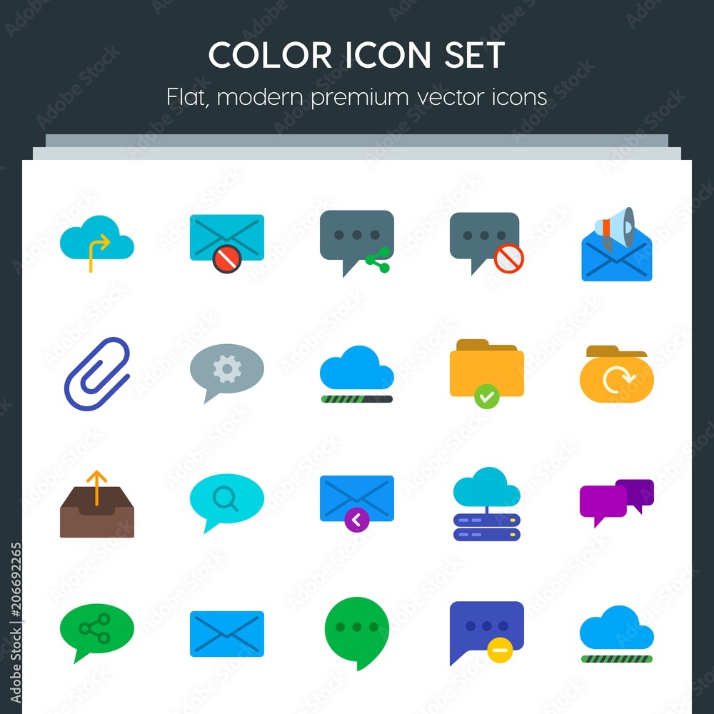 Poster modern simple set of cloud and networking, chat and messenger, folder, email vector flat icons. cont