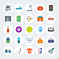 Modern Simple Set of transports, hotel, sports Vector flat Icons. Contains such Icons as  24,  measurement,  transmission,  t-shirt and more on white cricle background. Fully Editable. Pixel Perfect.