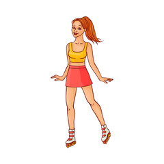 Pretty young redhead woman in red skirt, summer clothing riding roller blade skates smiling. Beautiful female character, girl at vacation. Vector sketch illustration isolated