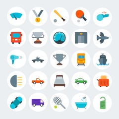 Modern Simple Set of transports, hotel, sports Vector flat Icons. Contains such Icons as air,  care,  leisure,  spa,  water,  plane and more on white cricle background. Fully Editable. Pixel Perfect.