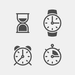 Fototapeta premium Clock flat vector icons set. Stopwatch, alarm, hourglass, wrist watch flat vector icons set