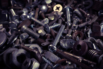 Grunge rusty metal screws and details. Old screws.
