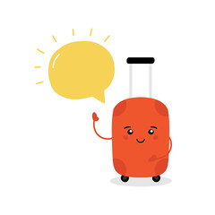 Cute cartoon travel bag, suitcase character with bright yellow speech bubble, template for holiday, vacation planning advice.
