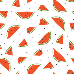 Cute cartoon seamless pattern background with watermelon slices and seeds for summer design.
