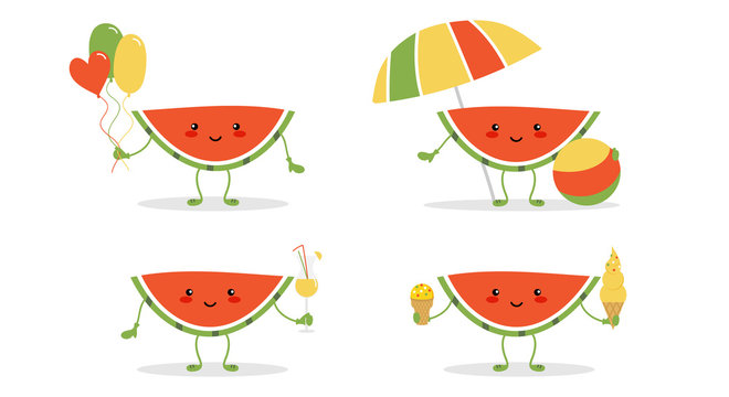 Set, collection of cute watermelon characters enjoying summer holidays, vacation with colorful ballons, playing on the beach, drinking cocktail, eating ice cream.