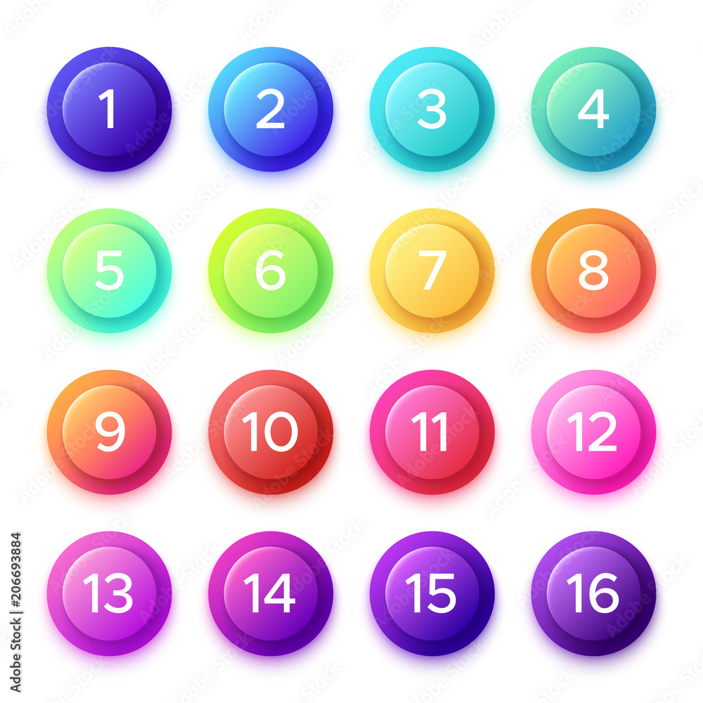Poster pointing number on gradient bullet button icon. colorful 3d circle buttons with point numbers on bal