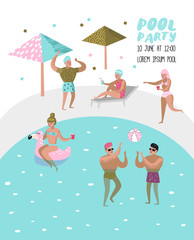 Pool Party Poster, Banner. Characters People Swimming, Relaxing, Have Fun in the Pool. Summertime Holidays at Beach Resort. Vector illustration