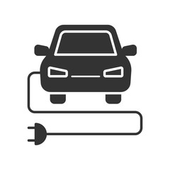 Black isolated icon of electric car on white background. Silhouette of electric car,