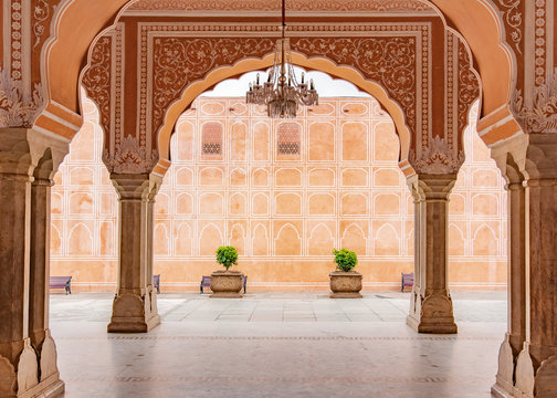 Jaipur city palace in Jaipur city, Rajasthan, India. An UNESCO world heritage know as beautiful pink color architectural elements. A famous destination in India.