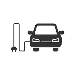 Black isolated icon of electric car on white background. Silhouette of electric car.