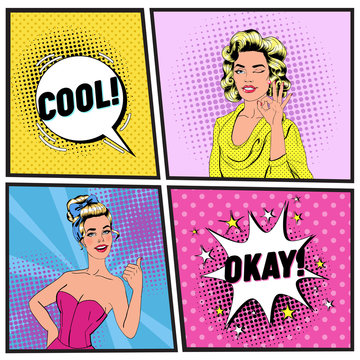 Pop Art Beautiful Woman Winking and Showing Sign OK. Joyful Girl Showing Thumb Up. Vintage Poster with Comic Speech Bubble. Pin Up Advertising Placard Banner. Vector illustration