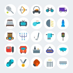 Modern Simple Set of transports, hotel, sports Vector flat Icons. Contains such Icons as  arrow,  ball,  board,  victory,  house and more on white cricle background. Fully Editable. Pixel Perfect.