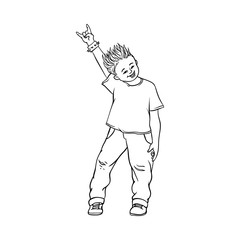 Young man raising hands up with rock sign gesture, Rock music, alternative punk style clothing jeans male character with mohawk haircut. Isolated vector monochrome sketch illustration