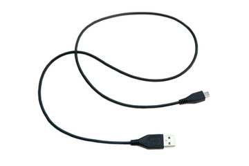 Black USB cable on white background. USB and USB-mini cable connectors close-up. A patch cable or patch cord or patch lead.