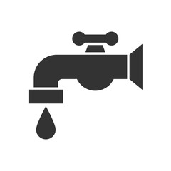 Black isolated icon of water tap with drop on white background. Silhouette of tap.